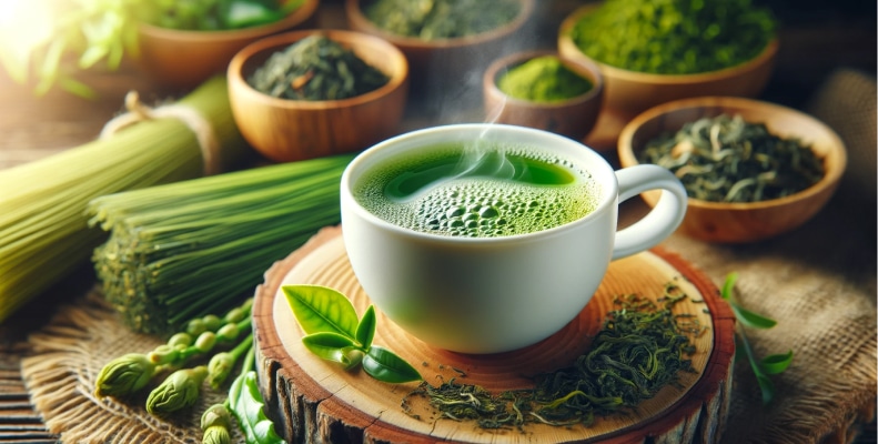 Various types of green tea leaves, including Sencha, Gyokuro, and Dragonwell. Is green tea acidic?