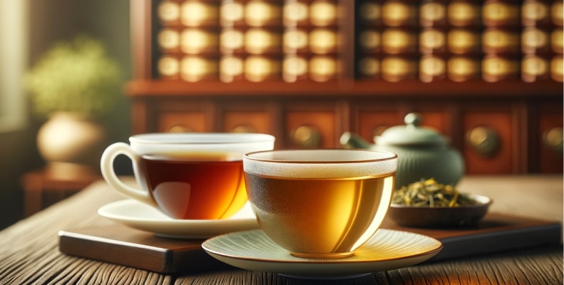 Two cups on a table. Oolong Tea vs Jasmine Tea